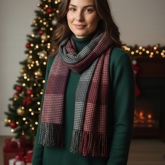 Clara Clark Elegant Red and Gray Houndstooth Scarf - Picture 2 of 3